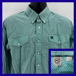 Cinch Mens Geometric Print Button Down Long Sleeve Shirt Mint‎ Green Size S